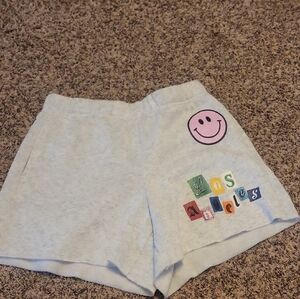 Gray Women's Athletic Shorts with Smiley and Letter Patches
